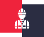 Worker icon on red and black background.